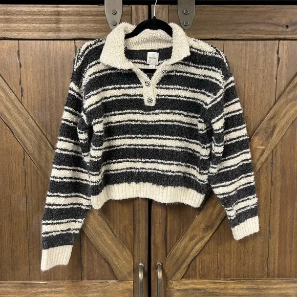 MAEVE by Anthropologie Striped Polo Sweater Grey/Cream Size Small